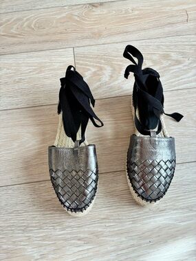 Bottega Veneta Metallic Woven Espadrille with Black Ties